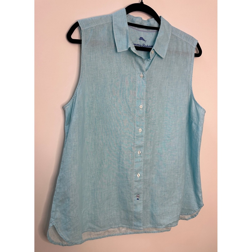 Tommy Bahama Sea Glass Breezer Sleeveless Linen Shirt Blue Large Vacation Top - Picture 3 of 9